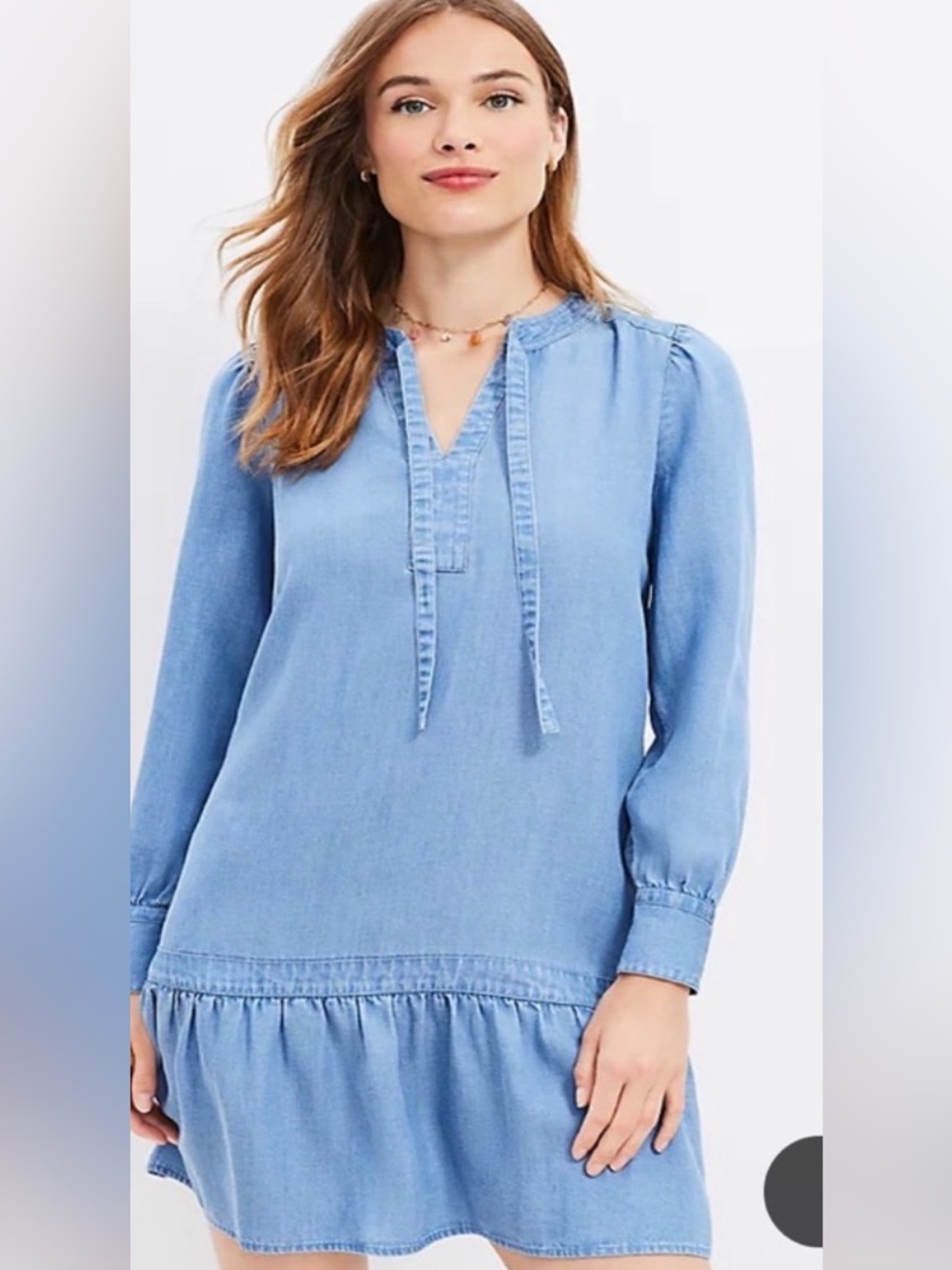 LOFT Chambray Flounce Hem Tie-Neck Swing Dress - Size Large